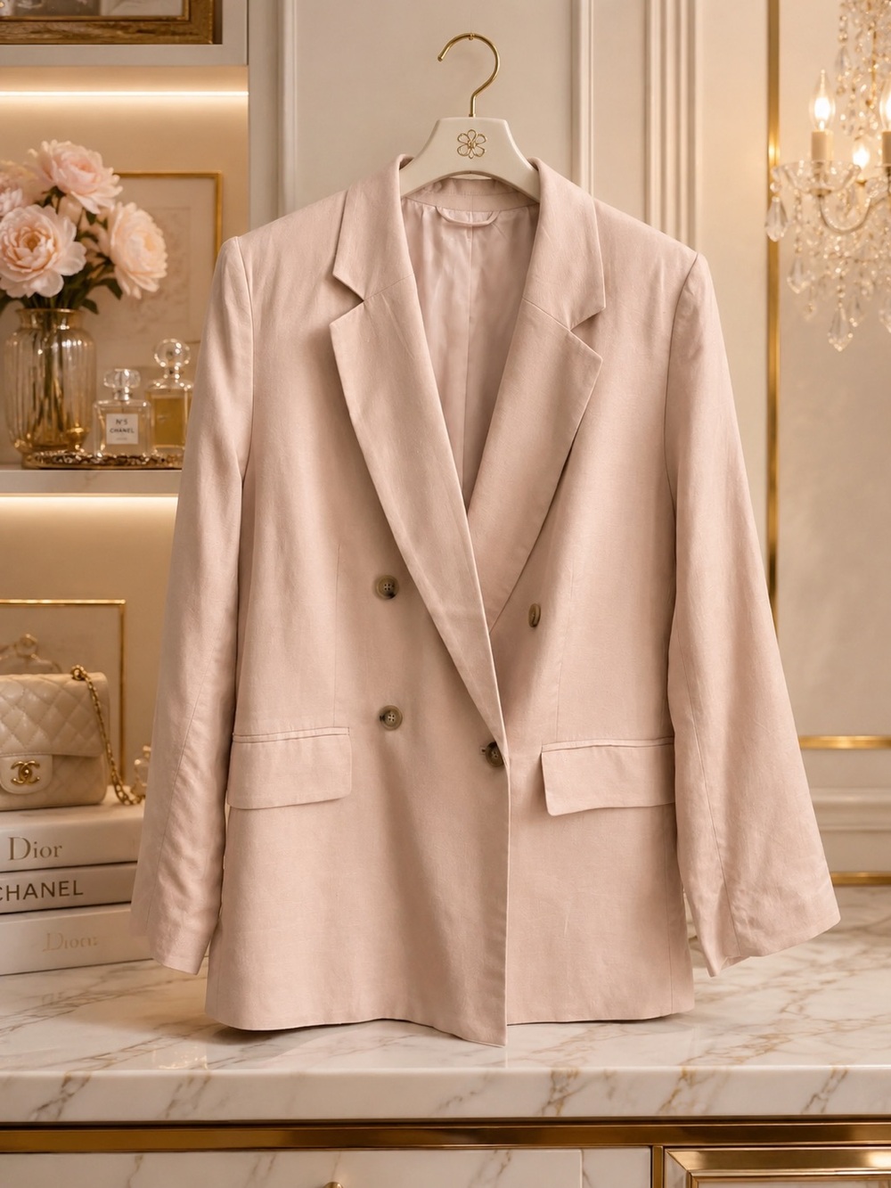 H&M Blush Pink Linen Blend Double-Breasted Blazer NWT Size M